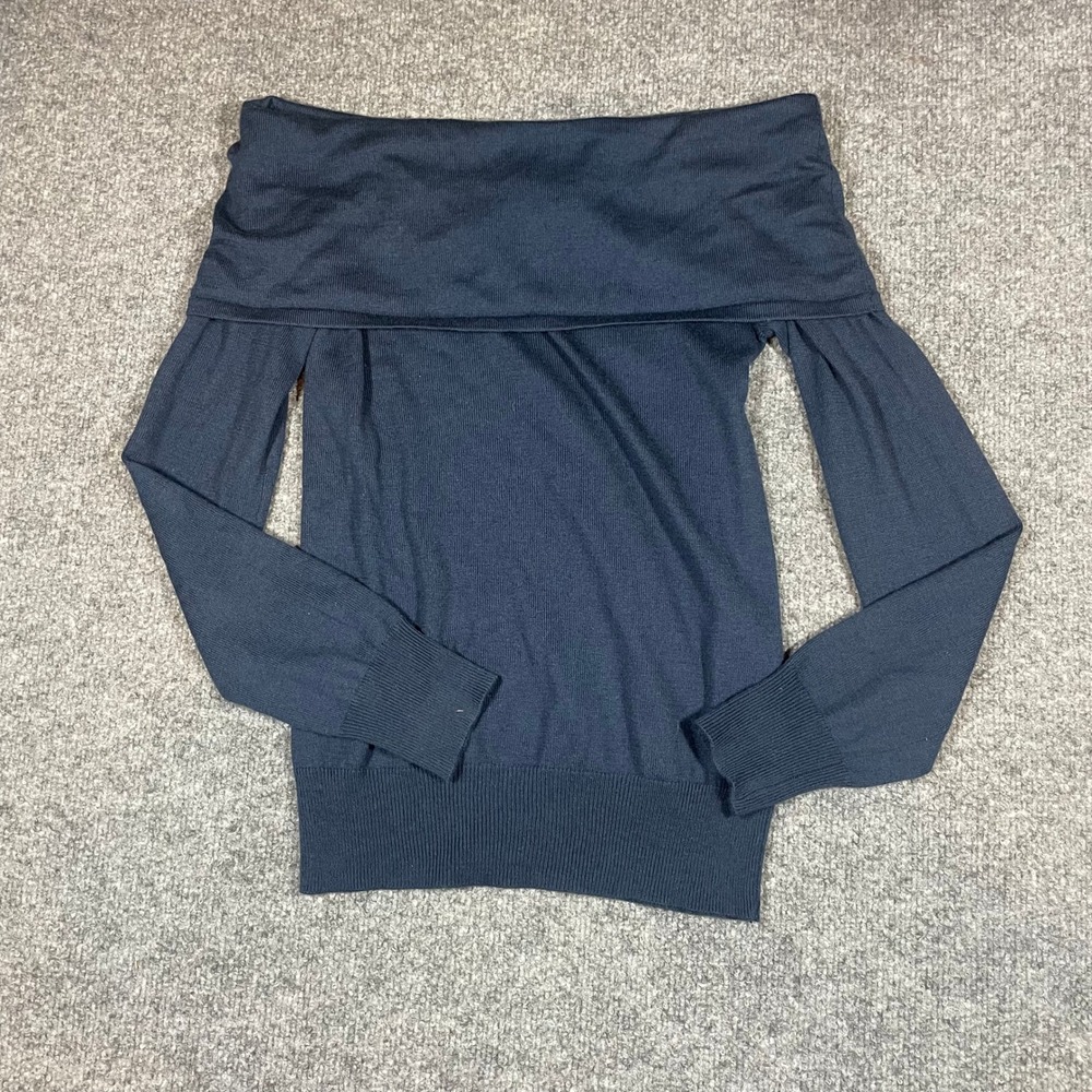 BCBGMAXAZRIA Sweater Womens Small Blue Silk Cashmere Foldover Off The Shoulder